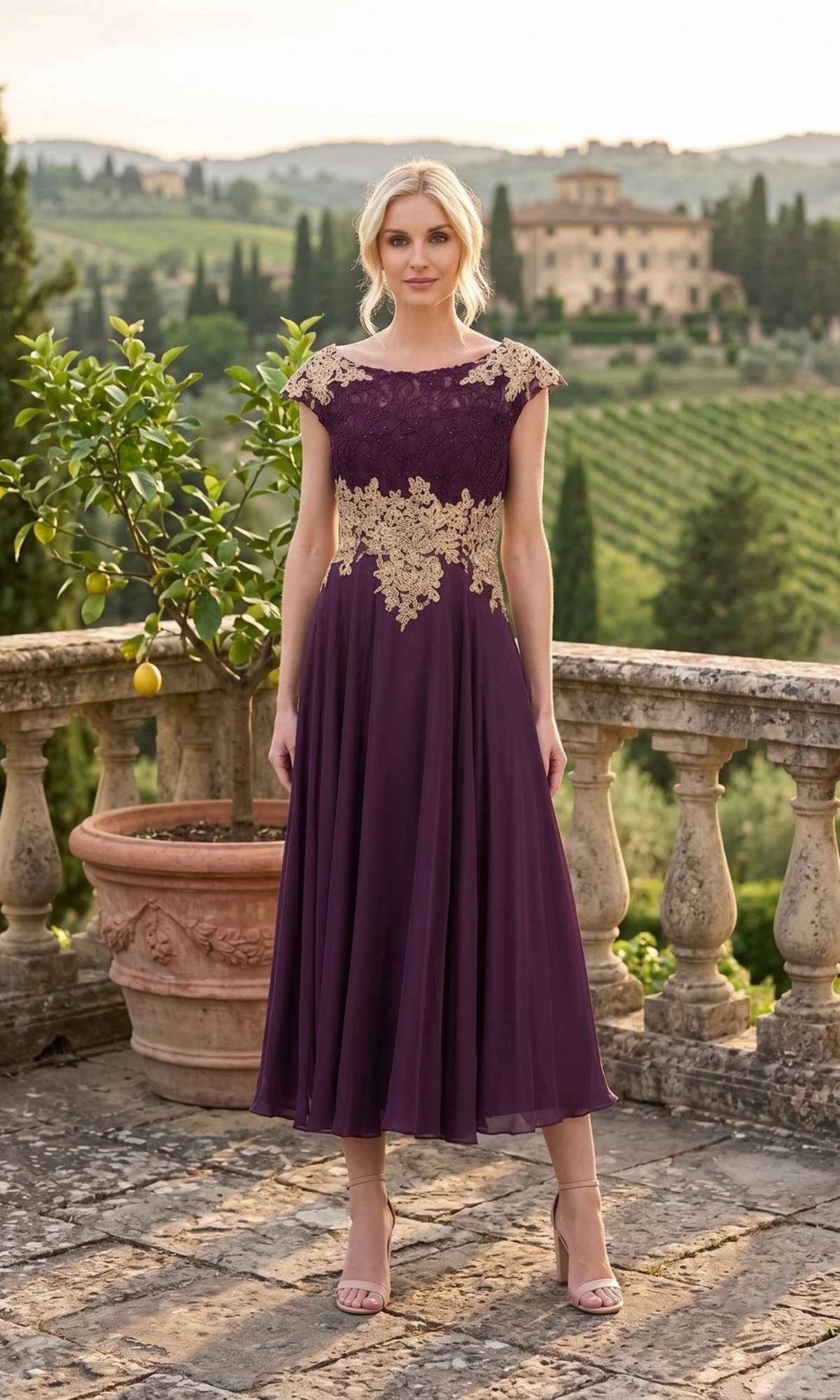 Wearing the Chicas C7542 Long Formal Dress in plum and gold, a woman stands on a stone terrace surrounded by potted plants, with a vineyard landscape in the background.